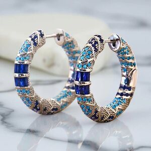 NWT Boho Blue Mosaic Hoop Earrings Glossy Silver-Tone Huggie